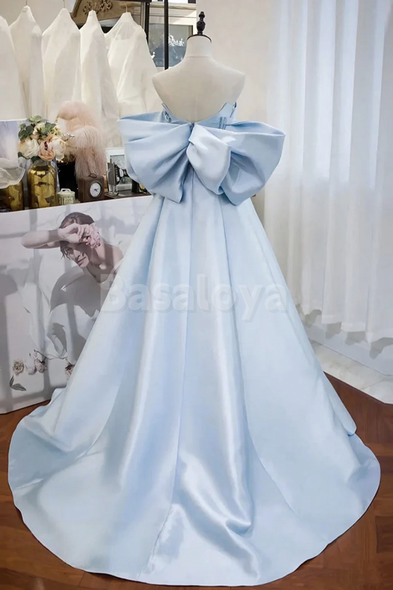 ED0078 Simple Sky Blue Sweetheart A-Line Evening Gown with Bow Party Gown
