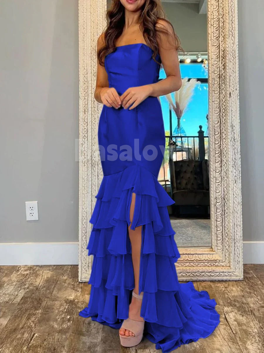 SP0199 Elegant Pink Tube Top Mermaid Tiered Prom Party Dress with Slit