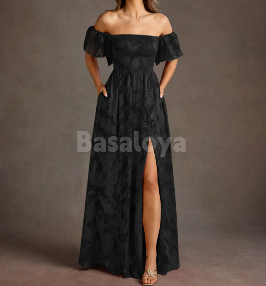 SP0245 Gorgeous Black A-Line Short Sleeves Pleats Prom Formal Dress with Slit