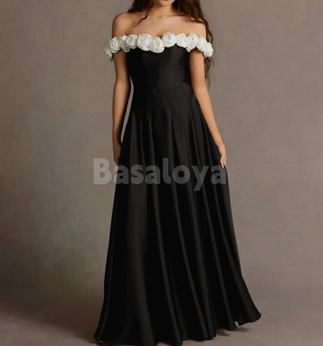 SP0250 Graceful 3D Floral Black A-Line Off-Shoulder Prom Evening Dress