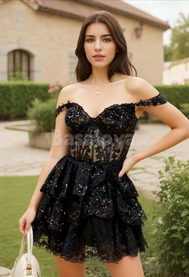 HM0058 Elegant Black Off-Shoulder A-Line Homecoming Gown with Appliques