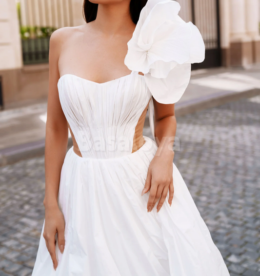 WD0170 Elegant White One Shoulder A-Line Long Wedding Dress with Pleats