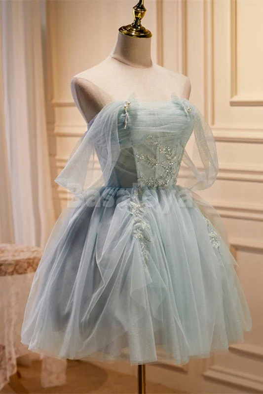 HM0152 Graceful Off Shoulder A-Line Mini Homecoming Dress with Pearls