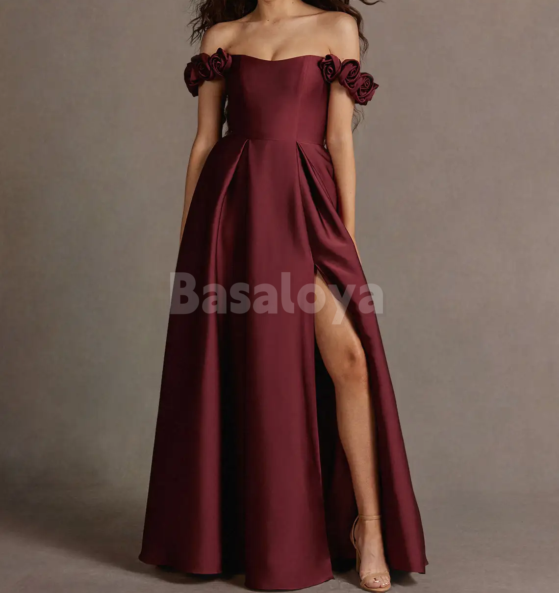 SP0249 Graceful Cream 3D Floral Off Shoulder A-Line Prom Dress with Slit