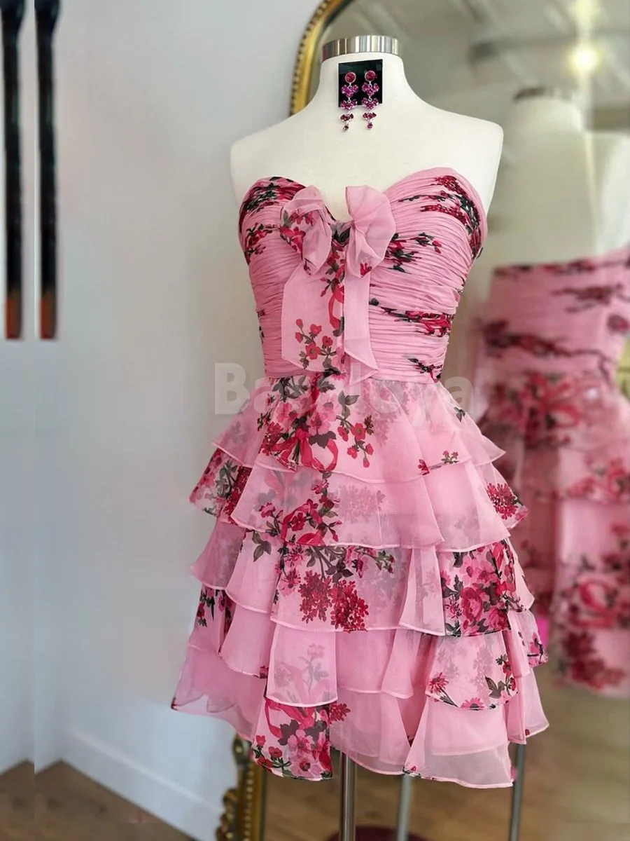 HM0057 Gorgeous Pink Printed Sweetheart A-Line Tiered Party Dress with Bow