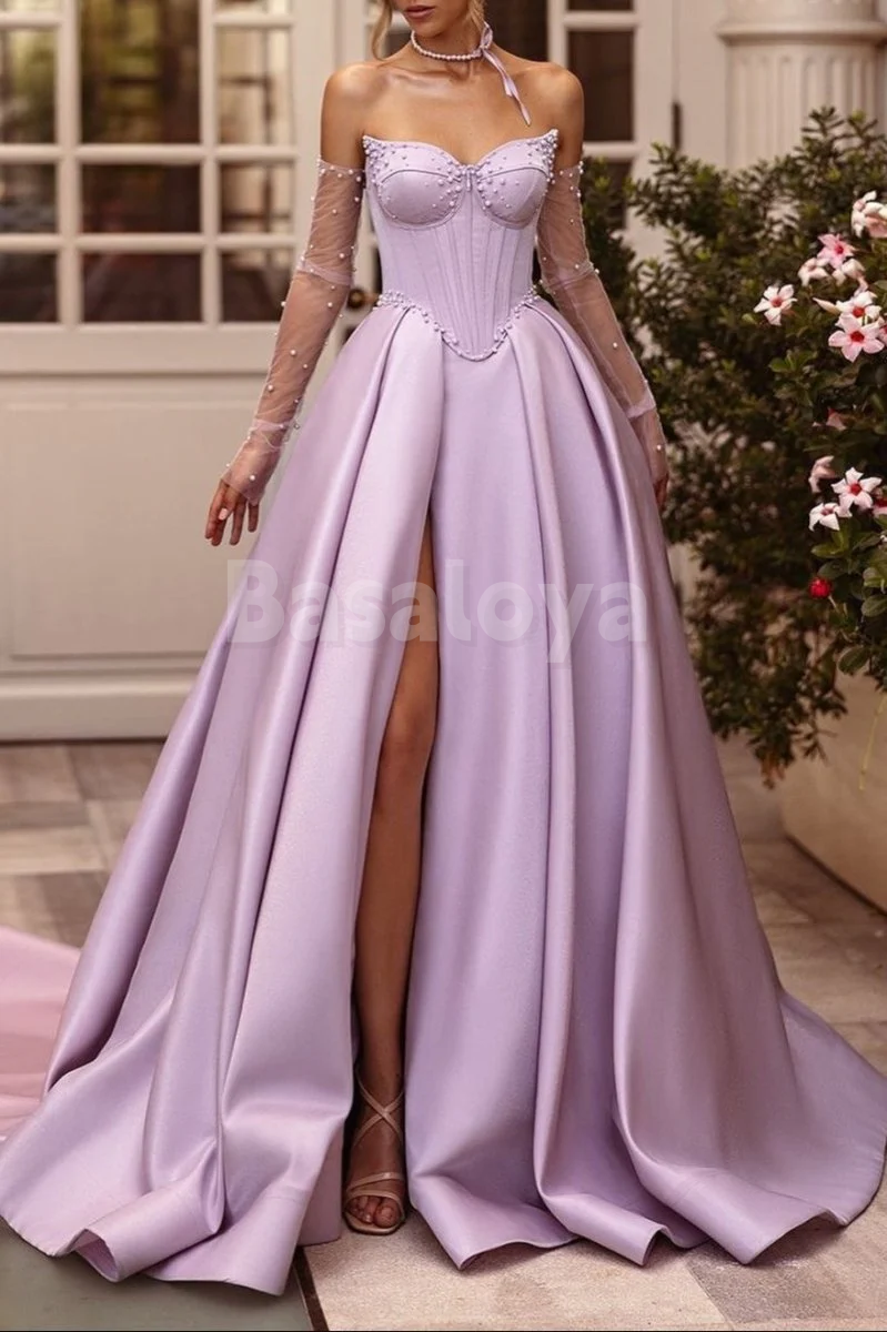 SP0144 Elegant Pearls Lilac Long Sleeves A-Line Prom Dress with Slit