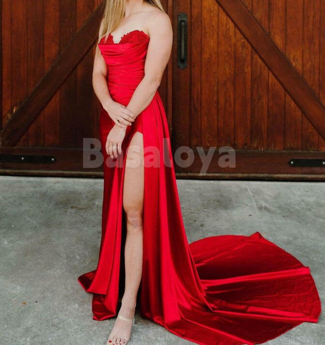 SP0178 Elegant Navy Sweetheart Sheath Pleats Prom Formal Dress with Slit