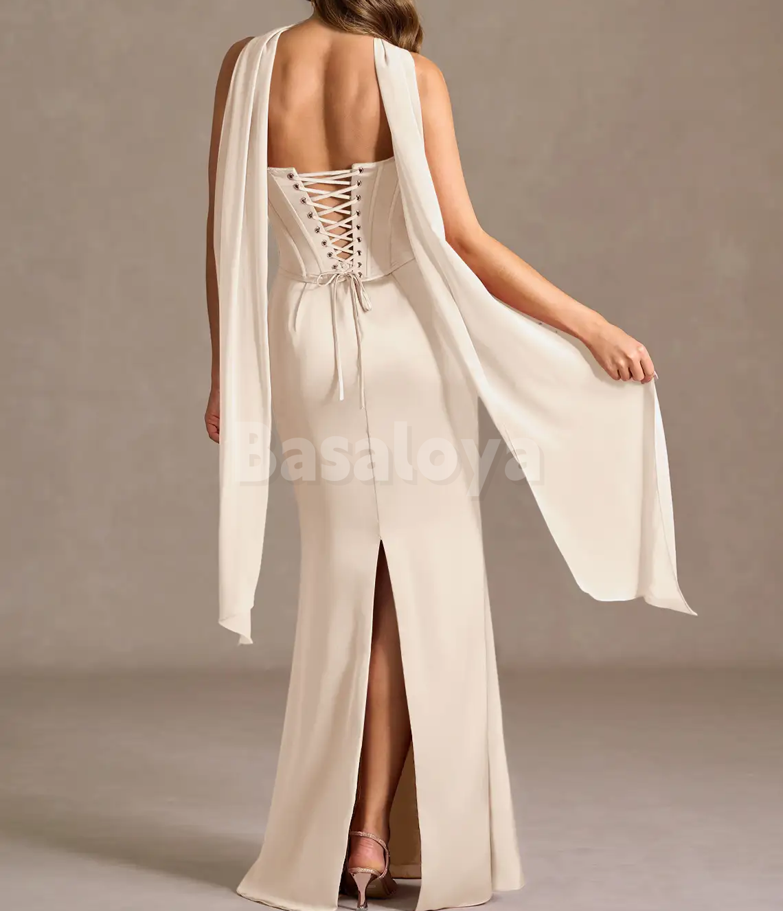 SP0275 Graceful Beige Strapless Sheath Long Satin Prom Formal Gowns