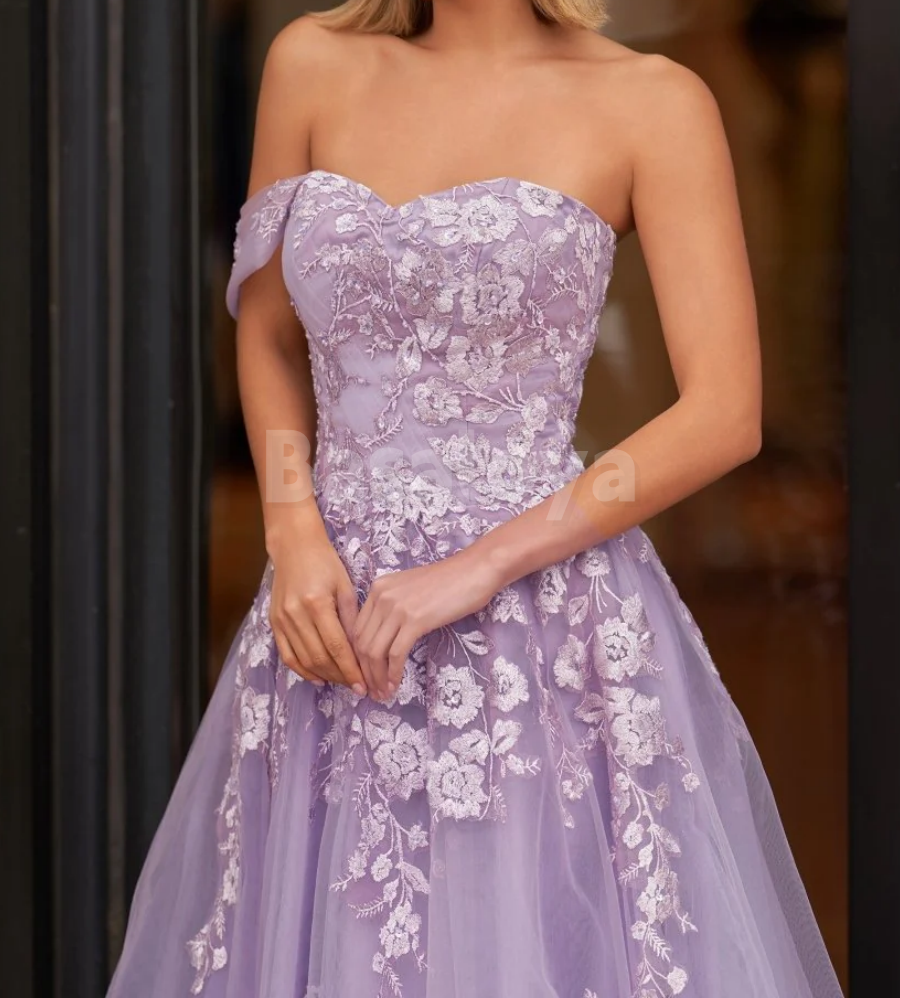 SP0190 Graceful Lilac One Shoulder A-Line Lace Applique Prom Dress