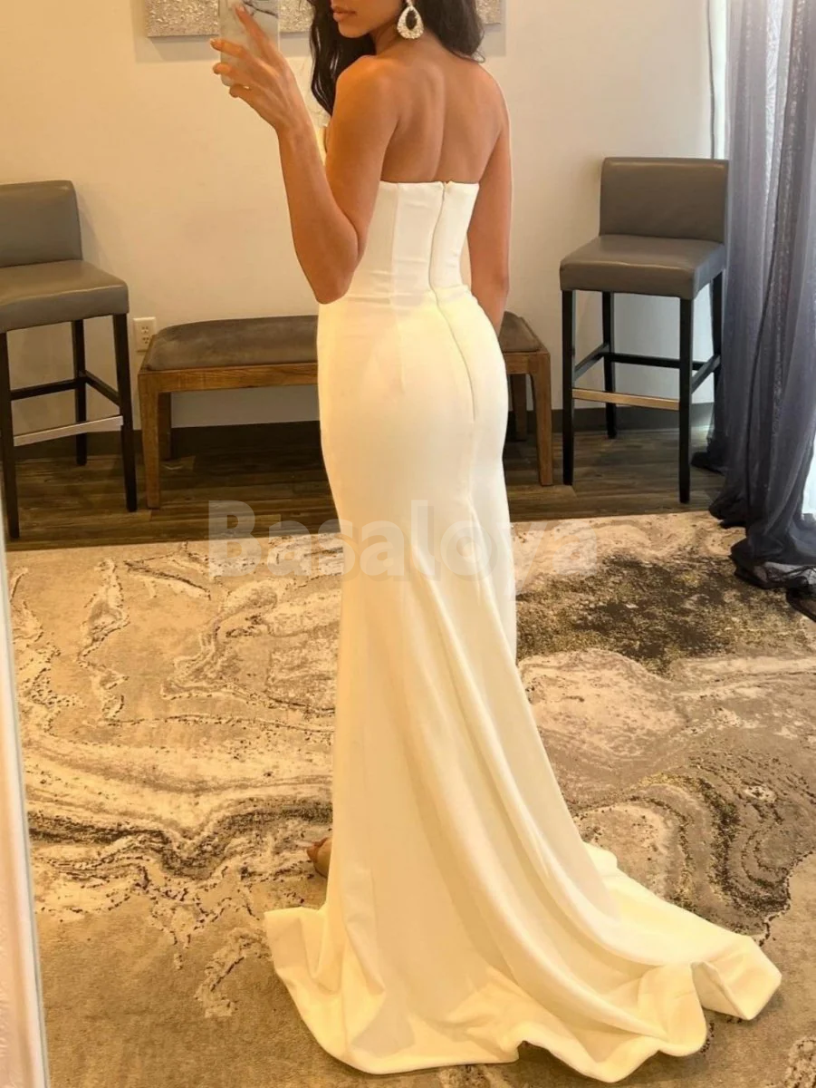 SP0207 Graceful White V-Neck Bodycon Beaded Satin Prom Dress with Slit
