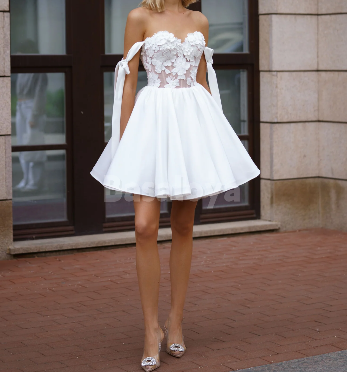 WD0167 Luxury 3D Floral White Off-Shoulder A-Line Short Boho Wedding Dress