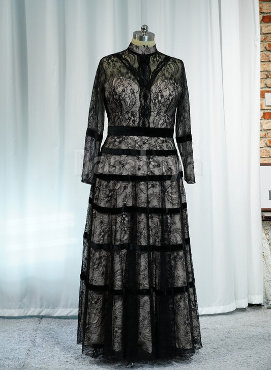 ED0117 Elegant Black Long Sleeves A-Line Evening Prom Dress with Applique