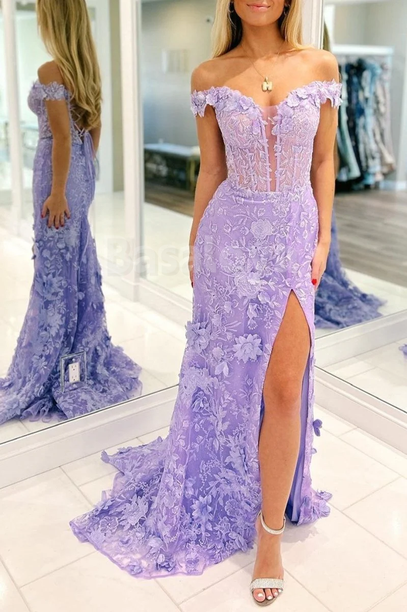 SP0154 Graceful 3D Floral Blue Off-Shoulder Bodycon Prom Dress with Slit