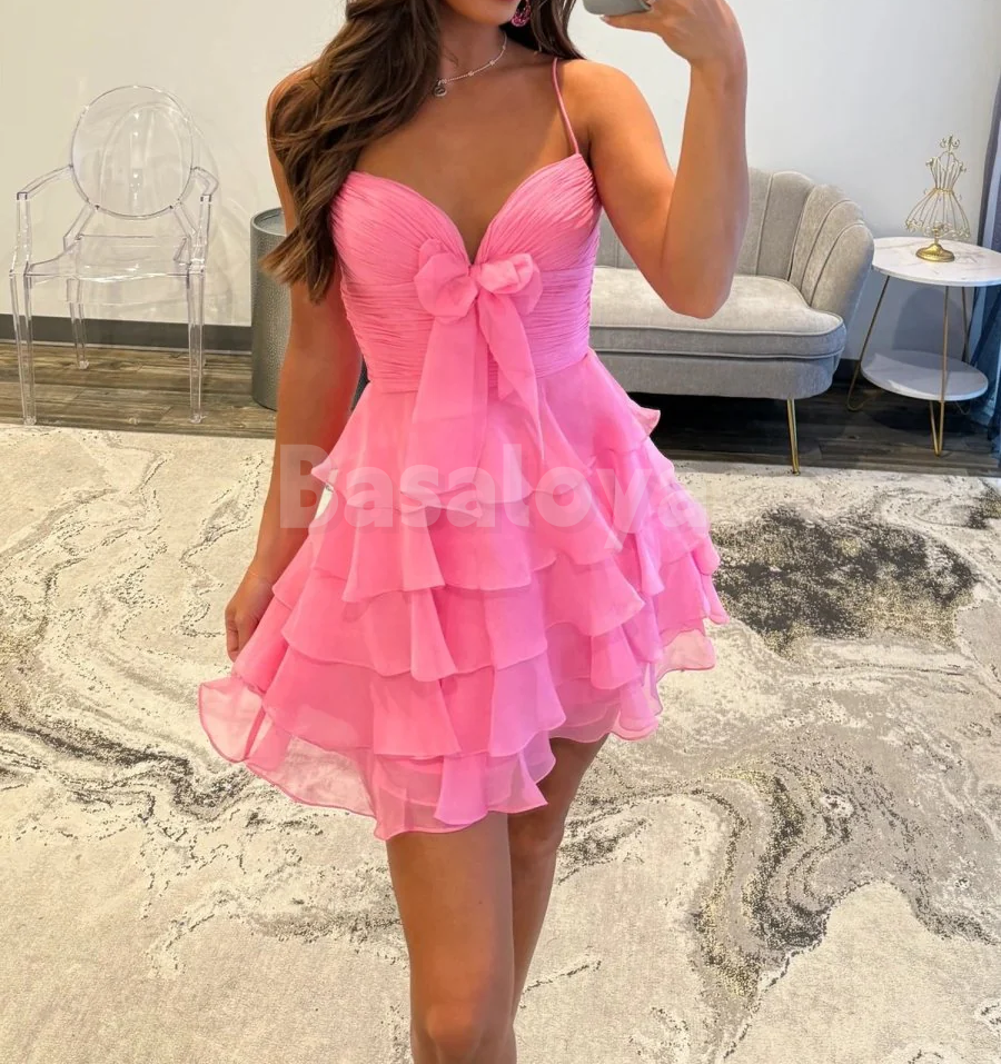 HM0053 Elegant Pink Spaghetti Straps A-Line Tiered Party Gown with Bow