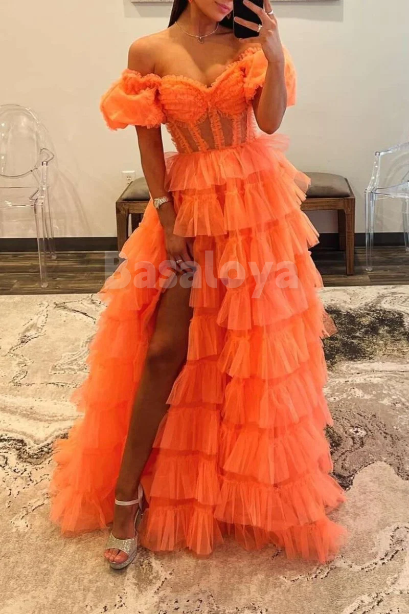 SP0194 Elegant Orange Sweetheart A-Line Puff Sleeves Tiered Prom Dress