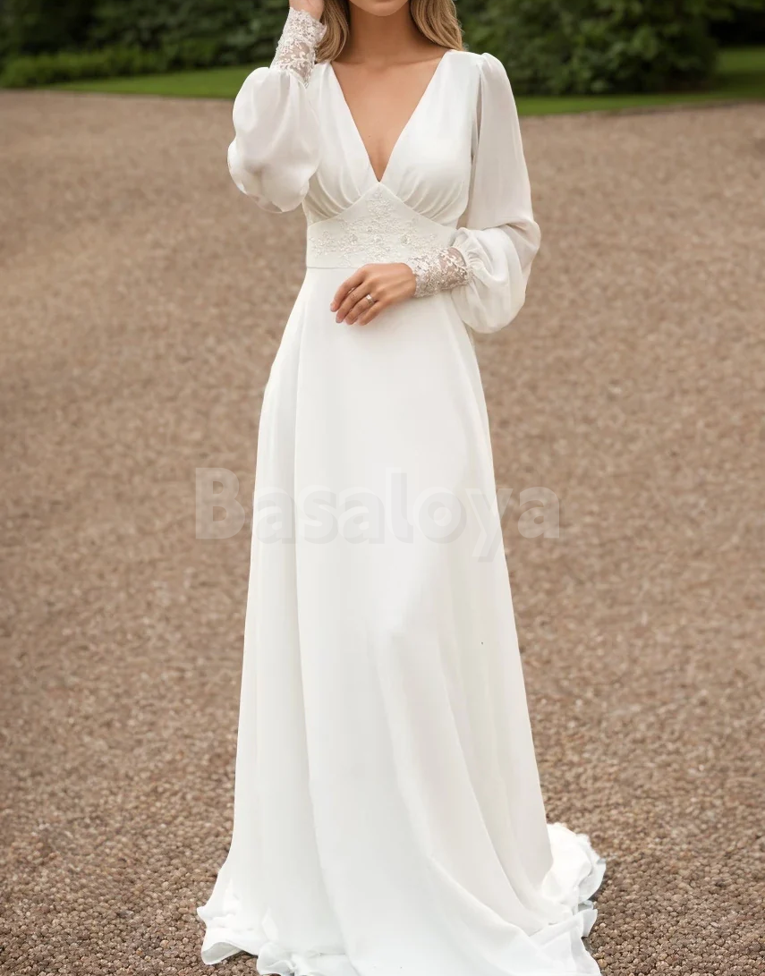 WD0066 Graceful Long Sleeves A-Line V-Neck Wedding Dress with Appliques