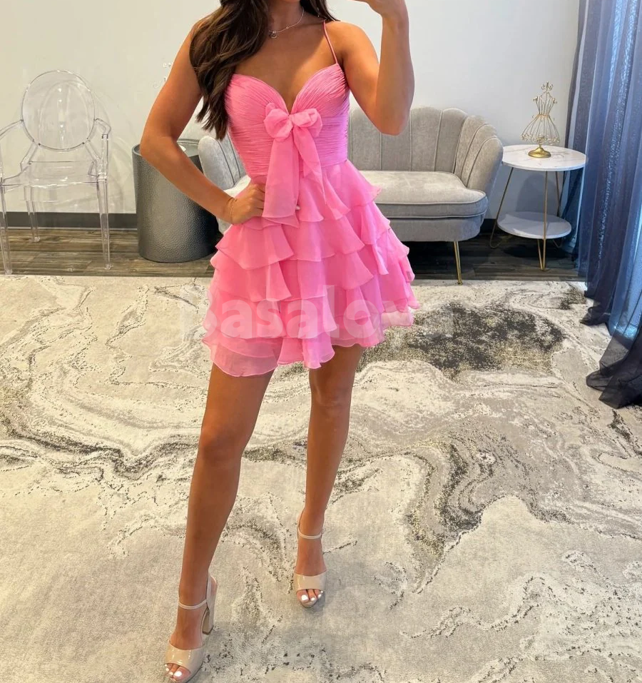 HM0053 Elegant Pink Spaghetti Straps A-Line Tiered Party Gown with Bow
