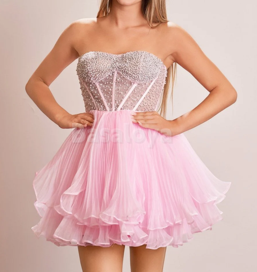 HM0131 Luxury Pink Pearls Long Sleeves A-Line Tiered Homecoming Dress