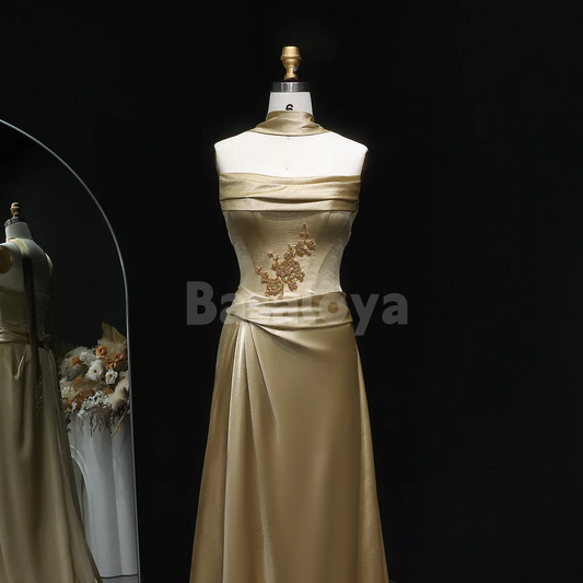 SP0288 Luxury Beaded Champagne Strapless Straight Prom Dress with Pleats