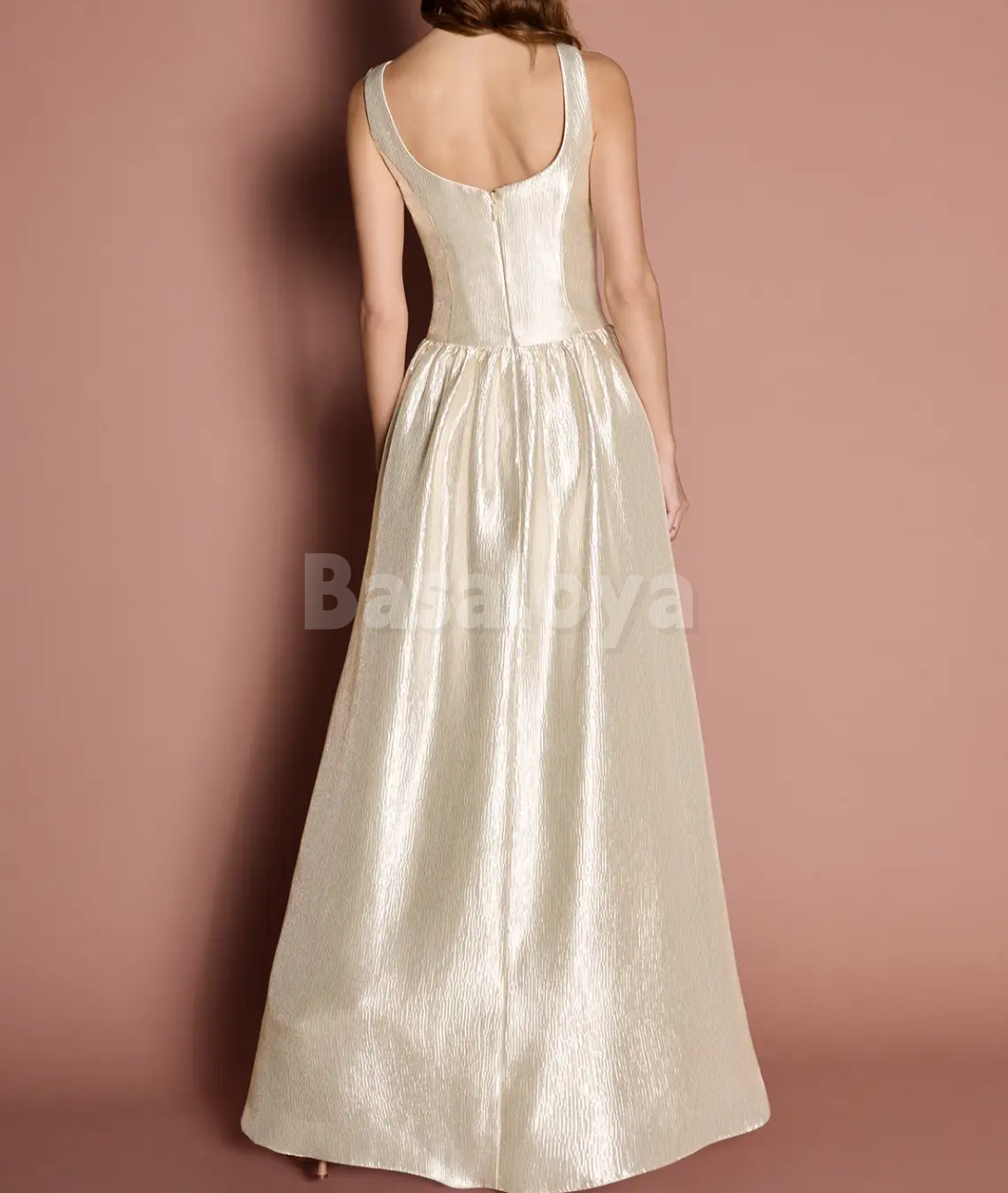 SP0261 Elegant Champagne Square Neck A-Line Prom Formal Gown with Pockets