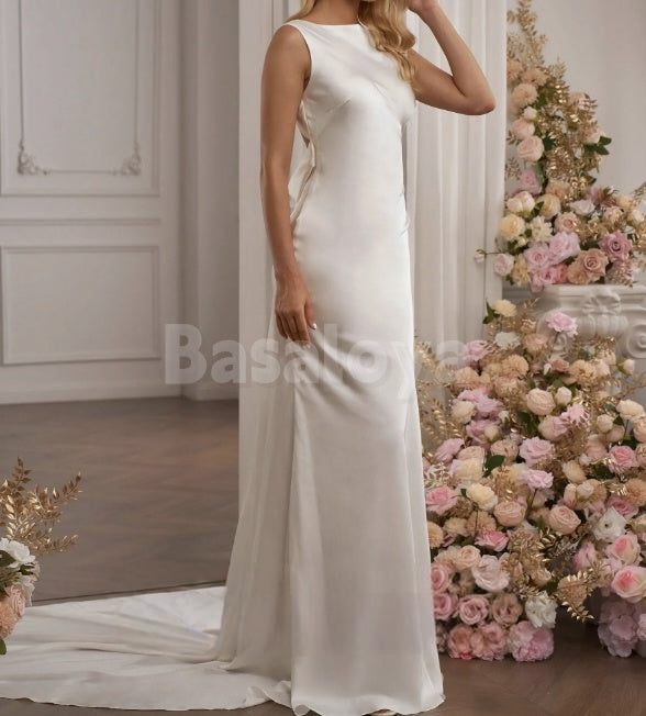 WD0036 Simple Scoop Neck Sheath Backless Wedding Dress with Train