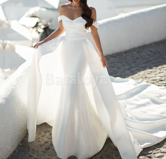 WD0026 Graceful Off Shoulder Mermaid Wedding Dress with Overskirt