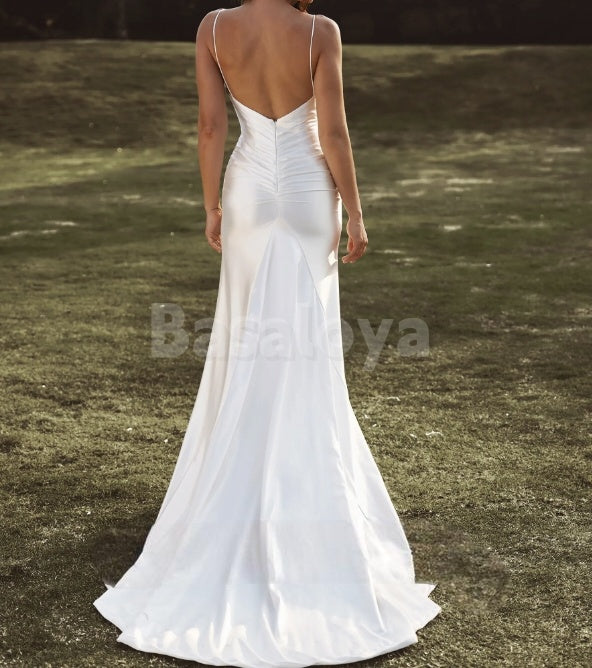 WD0038 Elegant V-Neck Mermaid Side Slit Satin Bridal Wedding Dress with Train