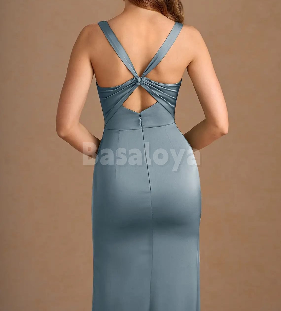 SP0264 Simple Navy Square Neck Sheath Pleated Satin Formal Prom Dress