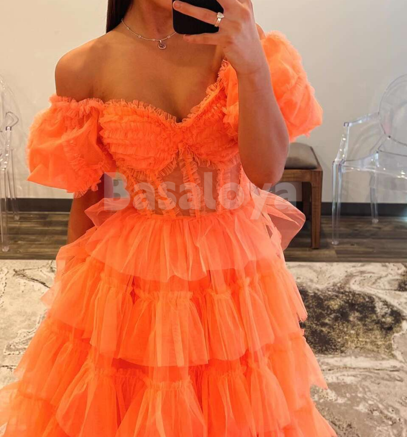 SP0194 Elegant Orange Sweetheart A-Line Puff Sleeves Tiered Prom Dress