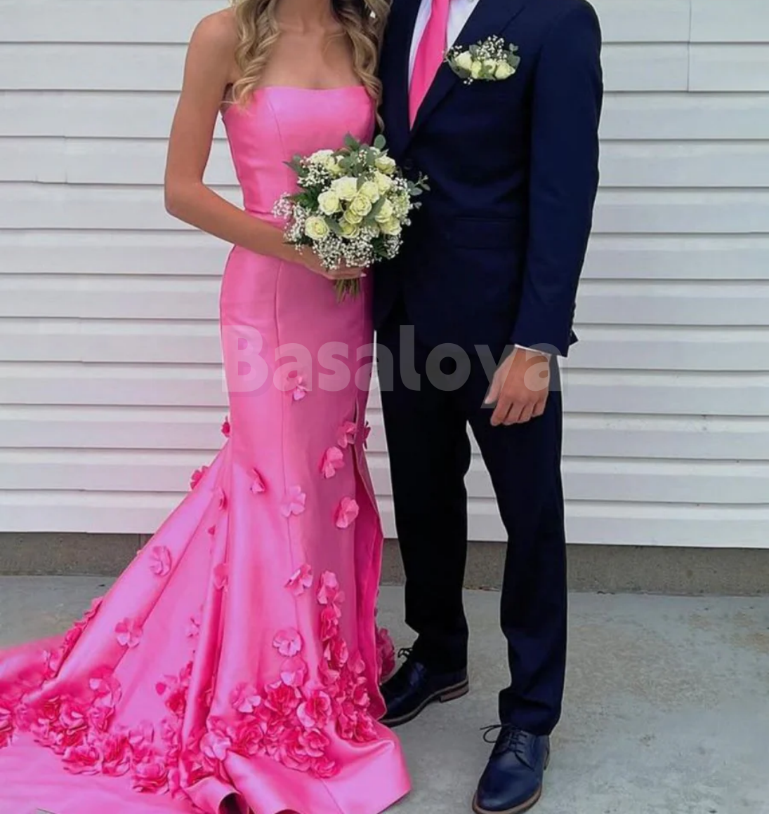 SP0197 Elegant 3D Floral Pink Strapless Mermaid Prom Dress with Train