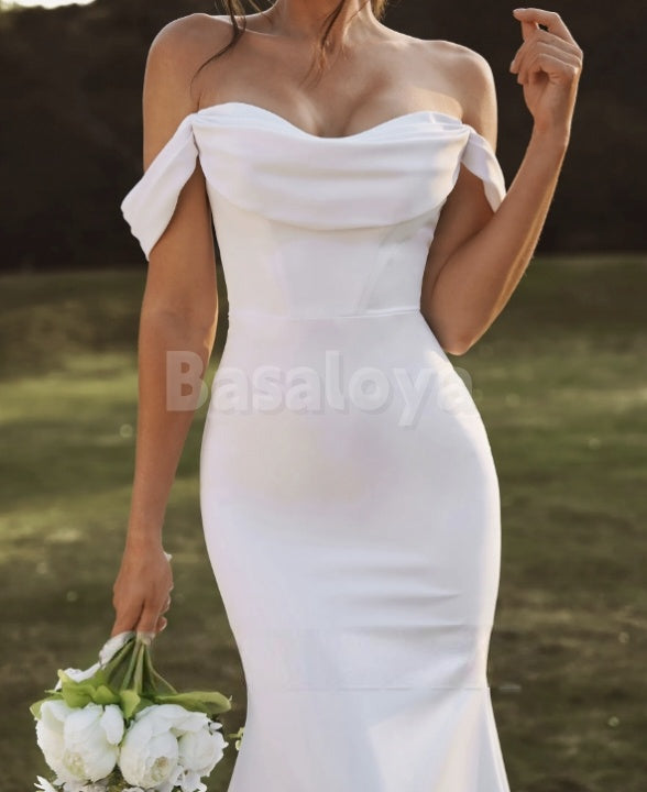 WD0031 Elegant White Off-Shoulder Mermaid Satin Wedding Dress with Train
