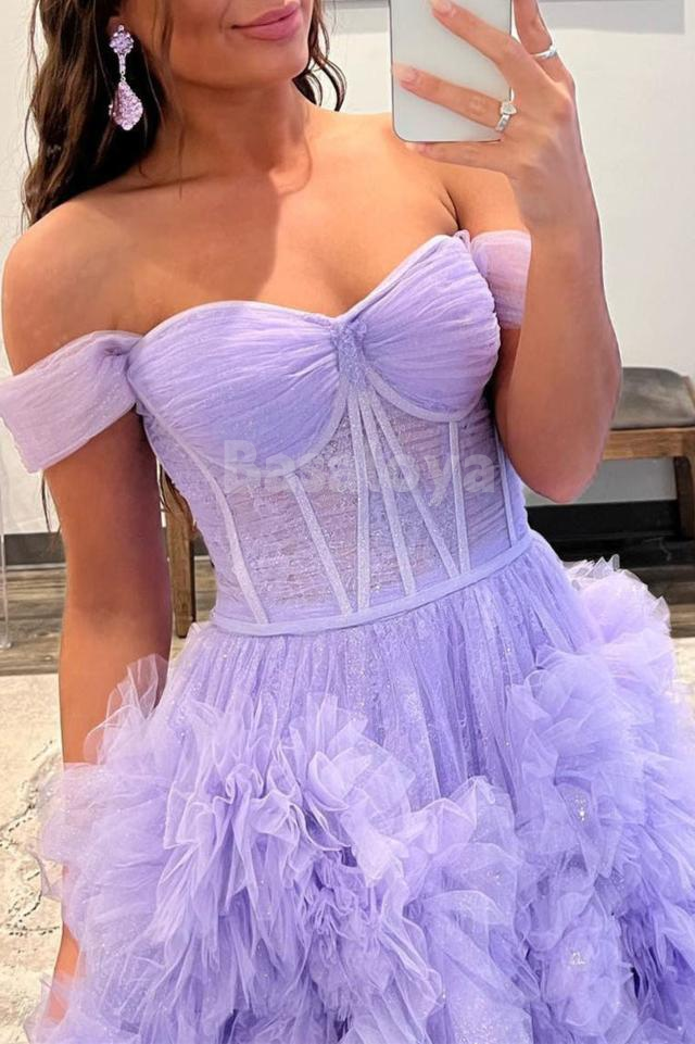 SP0193 Glamorous White Off-Shoulder A-Line Tiered Ball Gown Prom Dress