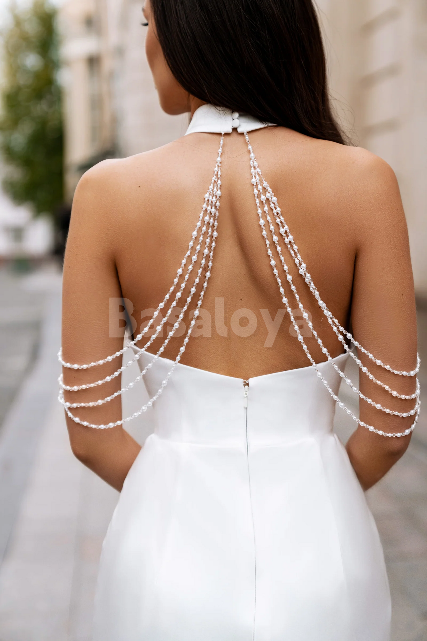 WD0144 Luxury White Halter Neck Mermaid Tassels Wedding Dress with Train