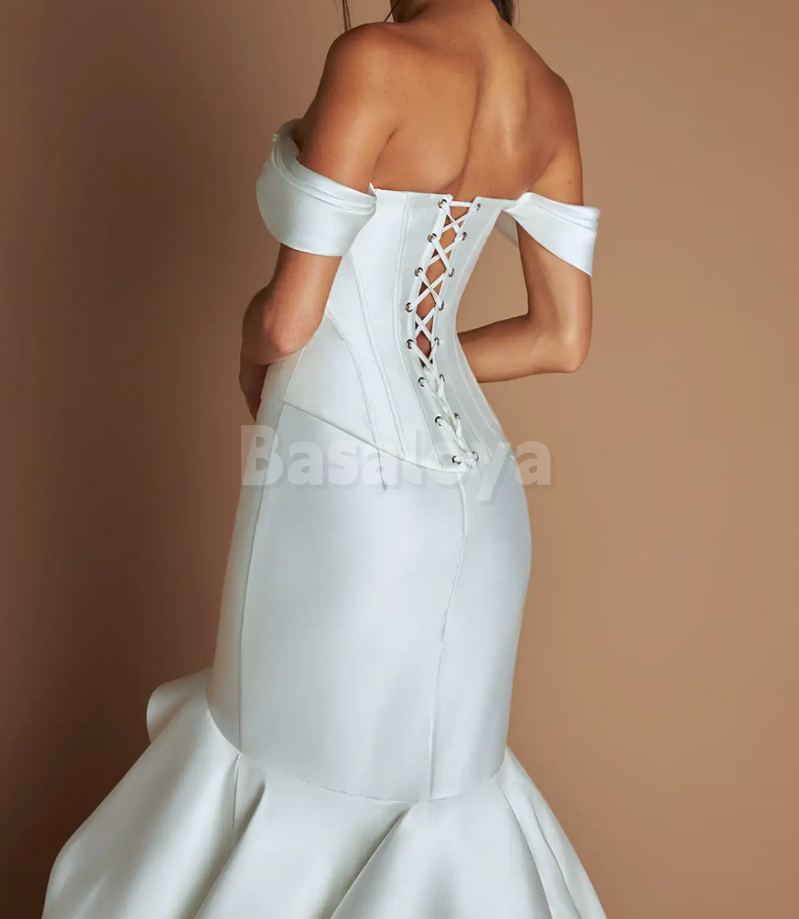 SP0267 Luxury White Off Shoulder Mermaid Prom Dress with Pleated Train