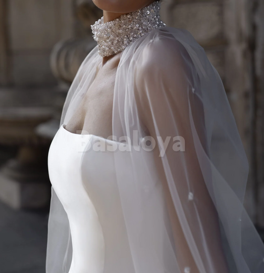 WD0190 Luxury Pearls Long Sleeves Strapless A-Line Pleated Wedding Gown