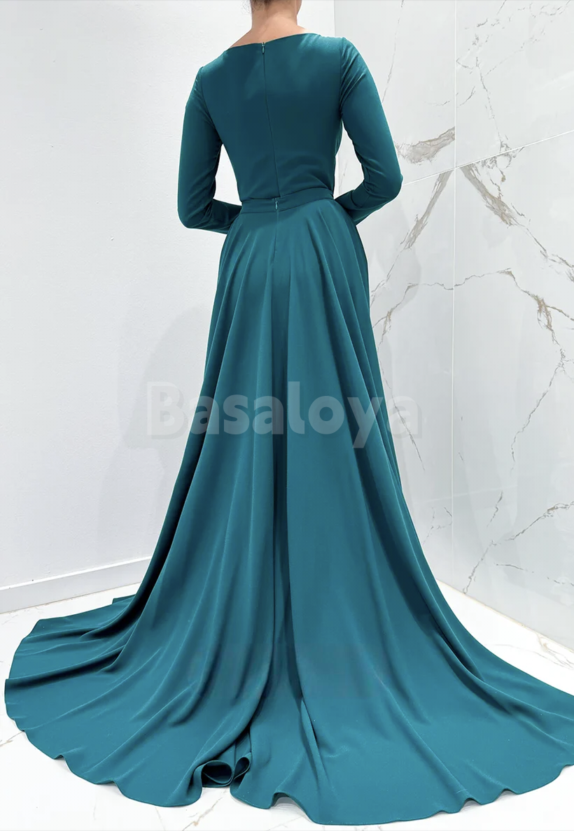 ED0053 Graceful Peacock Square Neck Long Sleeves Evening Dress with Overskirt