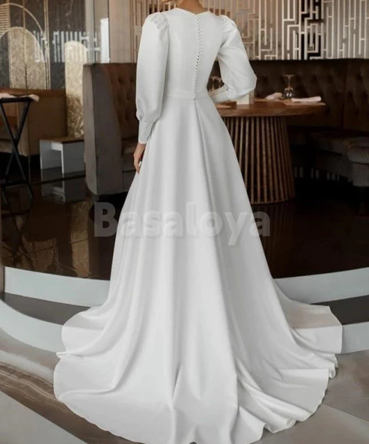 WD0061 Elegant White Long Sleeves A-Line Satin Wedding Dress with Train
