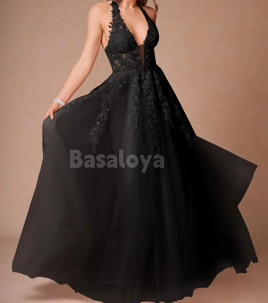 SP0266 Gorgeous Black Halter V-Neck A-Line Long Prom Dress with Appliques