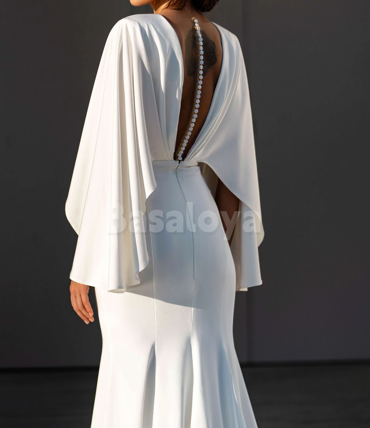 WD0154 Chic White V-Neck Cape Sleeve Mermaid Wedding Dress with Train