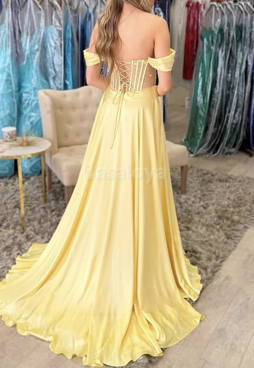 SP0096 Luxury Yellow Off-Shoulder A-Line Prom Dress with Beaded