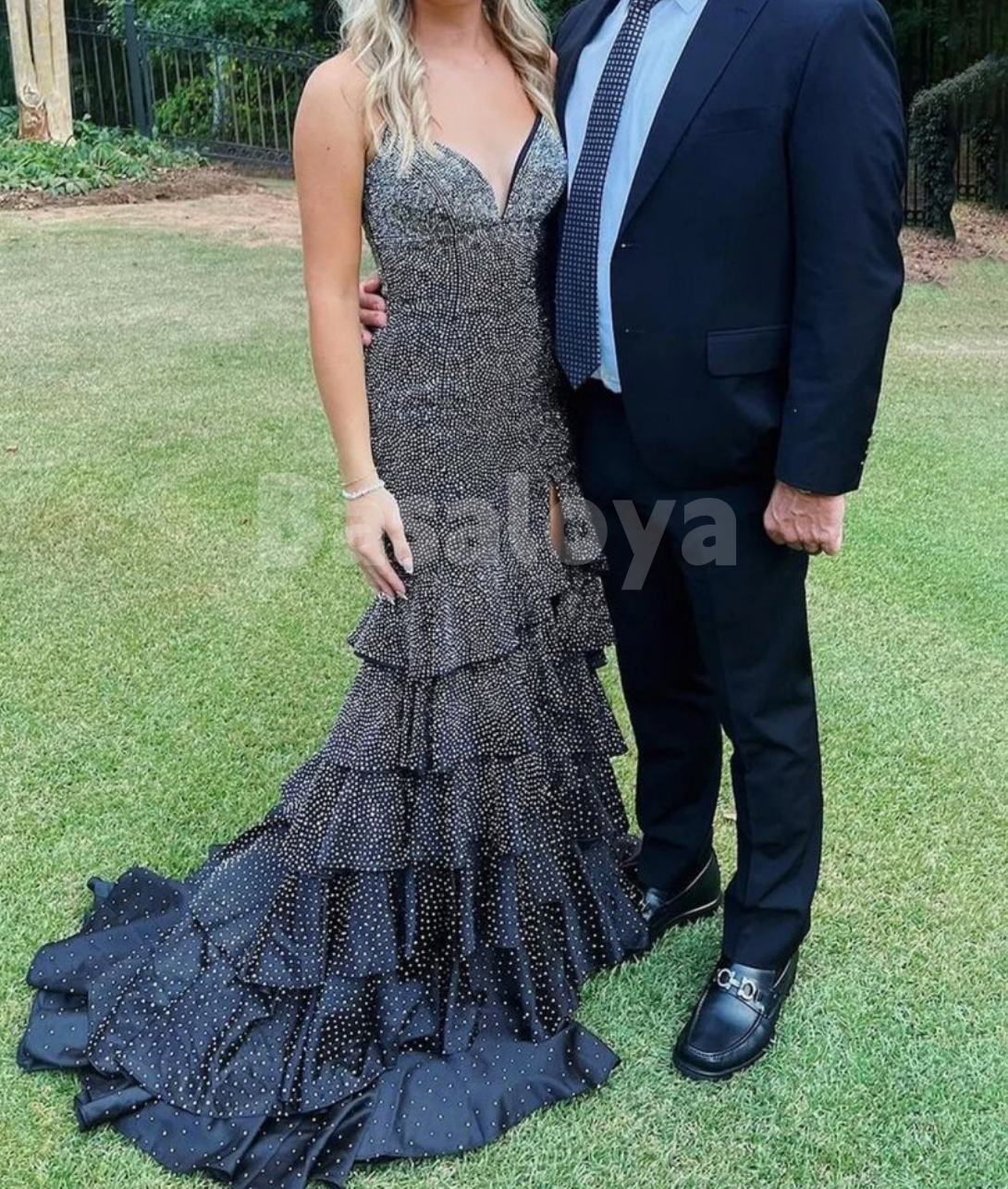 SP0176 Luxury Beaded Black V-Neck Mermaid Side Slit Prom Dress with Train