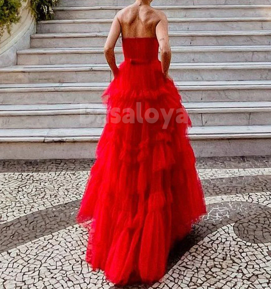 SP0156 Classic Red Tube Top A-Line Tiered Ball Gown Prom Dresses
