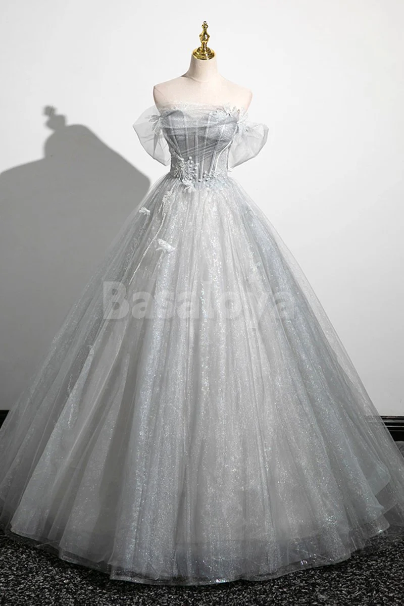 SP0168 Luxury Silver Tube Top A-Line Appliques Ball Gown Prom Dress with Pearls
