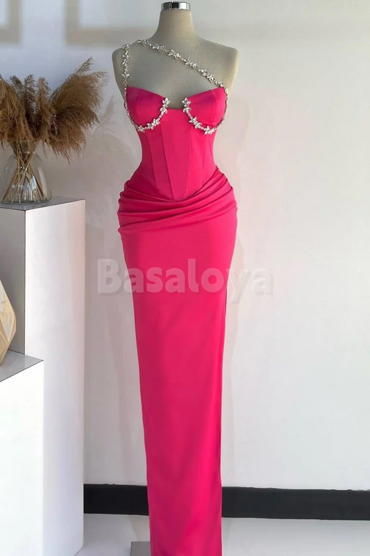 SP0225 Elegant Crystal Fuchsia Asymmetrical Neck Bodycon Prom Dress