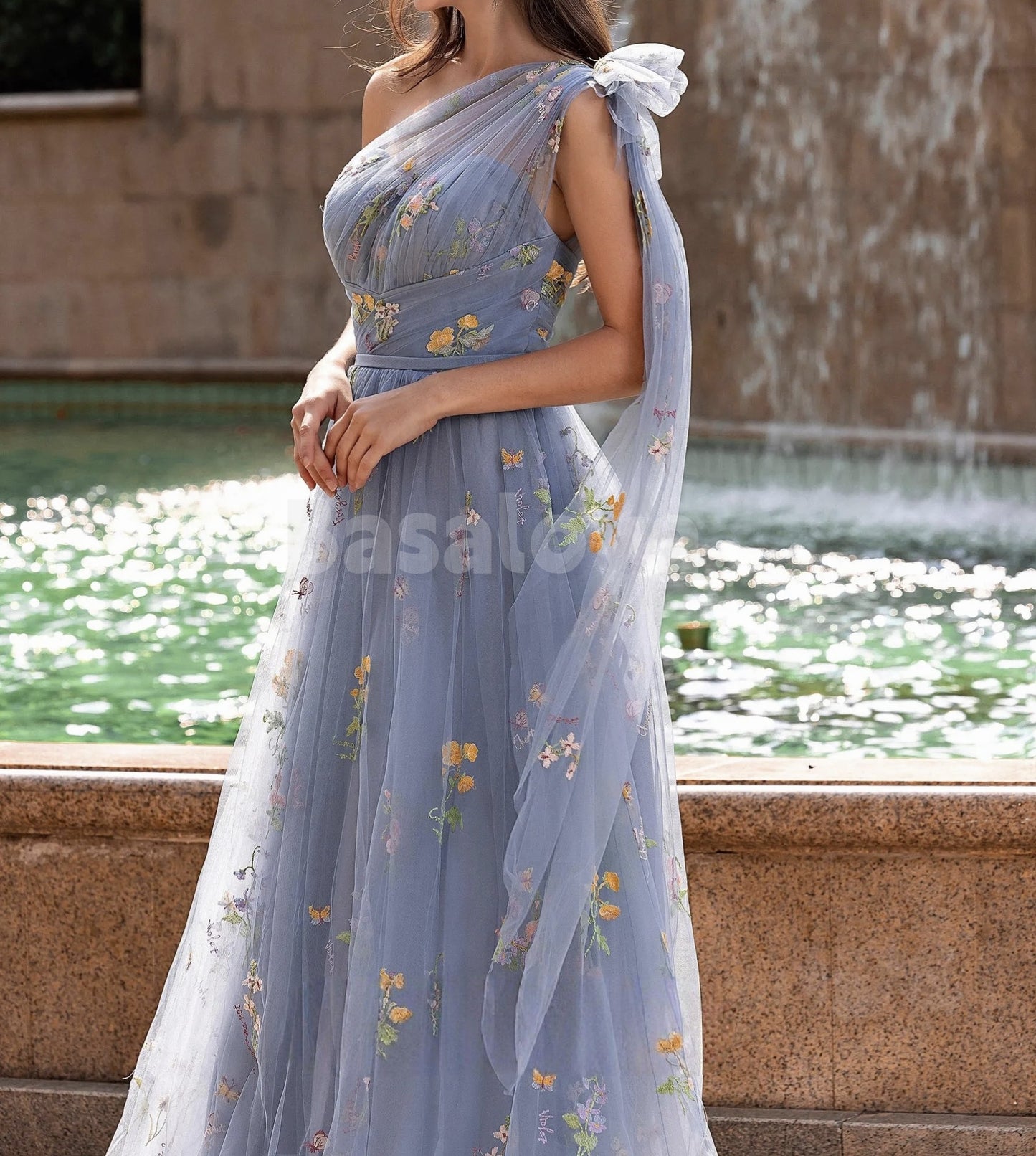 ED0119 Elegant Blue Printed Flower A-Line One Shoulder Evening Gowns