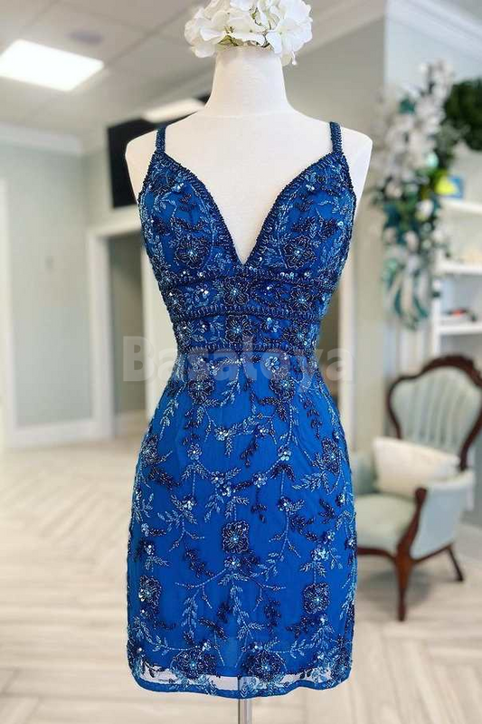 HM0153 Luxury Blue Beaded Flower V-Neck Bodycon Mini Homecoming Gowns