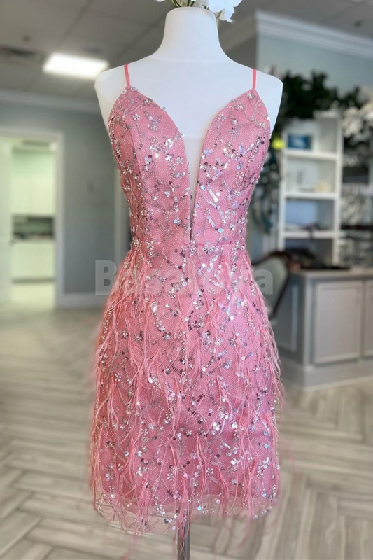 HM0151 Elegant Pink Spaghetti Straps Sequins Mini Homecoming Gown with Feathers