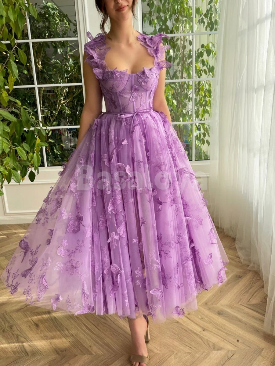 SP0150 Glamorous 3D Butterfly Lilac A-Line Sweetheart Lace Prom Dresses