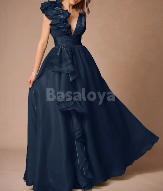 SP0255 Graceful Navy V-Neck A-Line Long Evening Prom Dress with Pleats