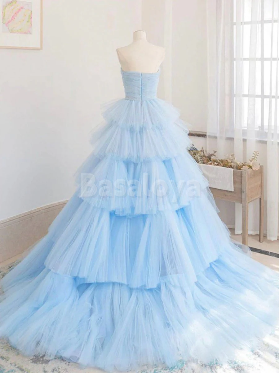 SP0158 Elegant Baby Blue Tube Top A-Line Tiered Ball Gown Prom Dress